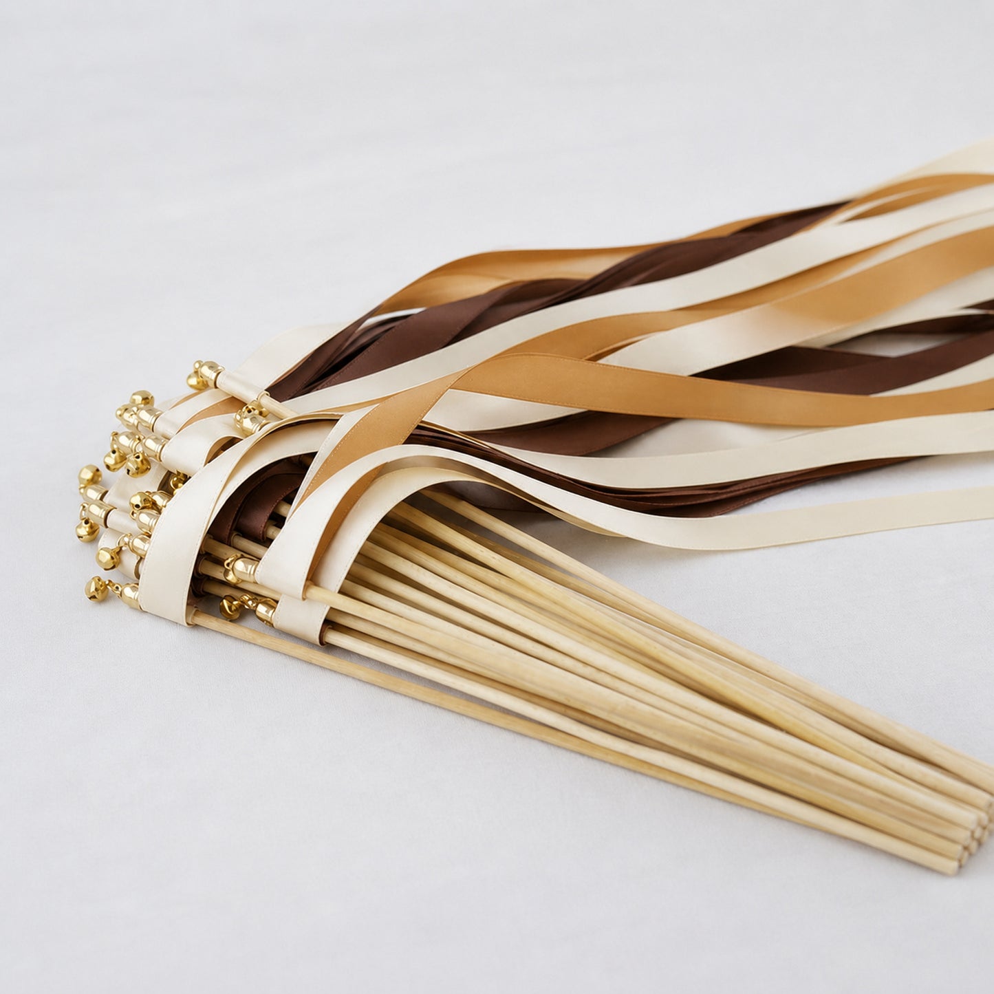 Cream, Toffee and Cocoa Wedding Exit Ribbon Wands with Bell - Rustic Caramel