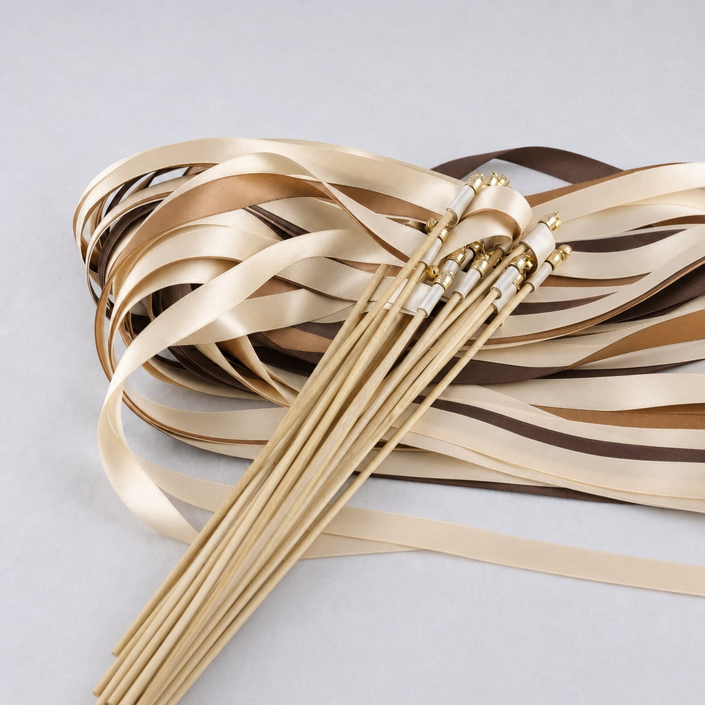 Cream, Toffee and Cocoa Wedding Exit Ribbon Wands with Bell - Rustic Caramel