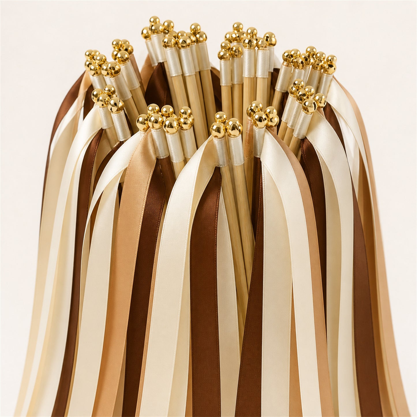 Cream, Toffee and Cocoa Wedding Exit Ribbon Wands with Bell - Rustic Caramel