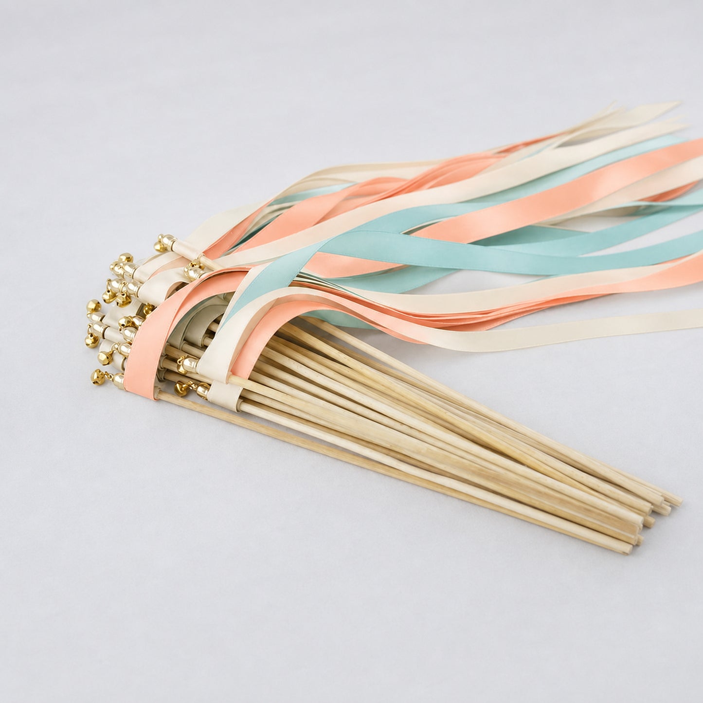 Ivory, Aqua and Light Peach Wedding Exit Ribbon Wands with Bell - Aqua Peach