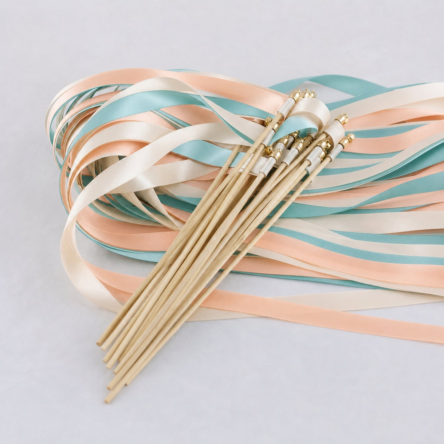 Ivory, Aqua and Light Peach Wedding Exit Ribbon Wands with Bell - Aqua Peach