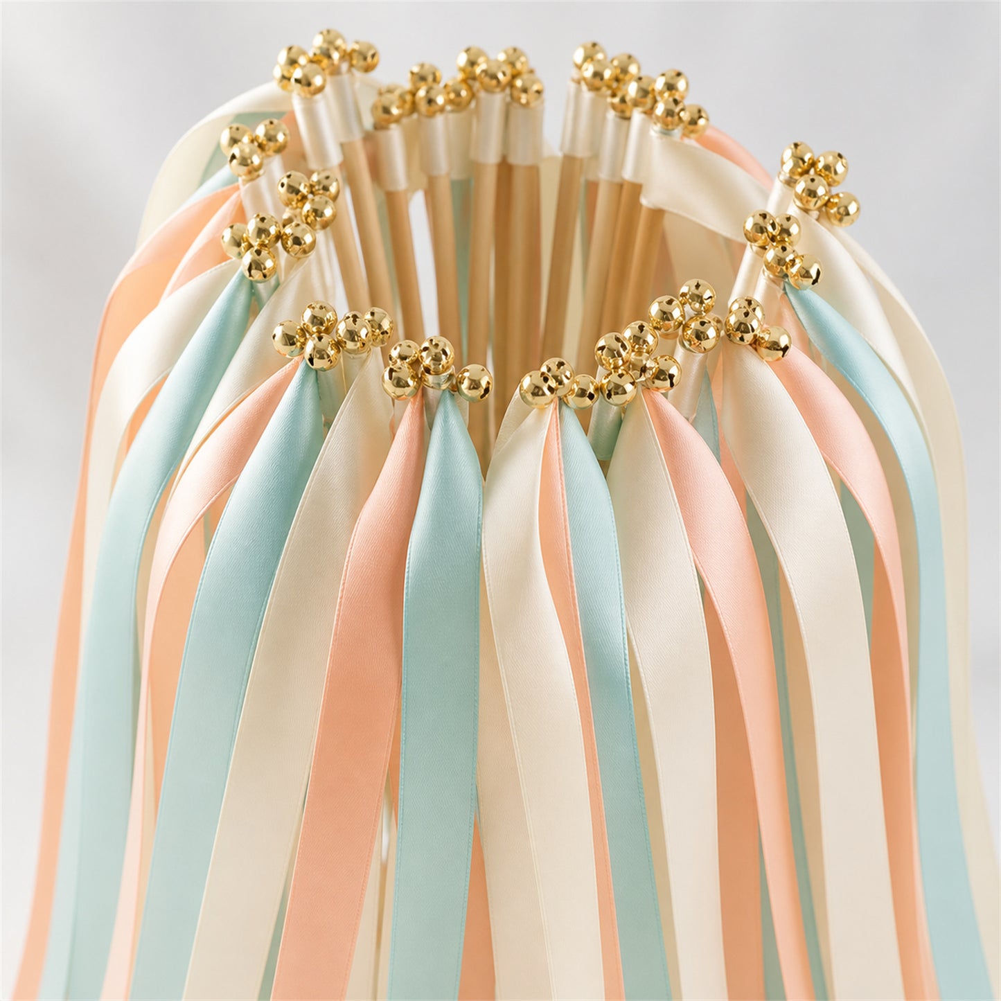 Ivory, Aqua and Light Peach Wedding Exit Ribbon Wands with Bell - Aqua Peach