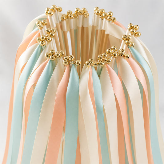 Ivory, Aqua and Light Peach Wedding Exit Ribbon Wands with Bell - Aqua Peach