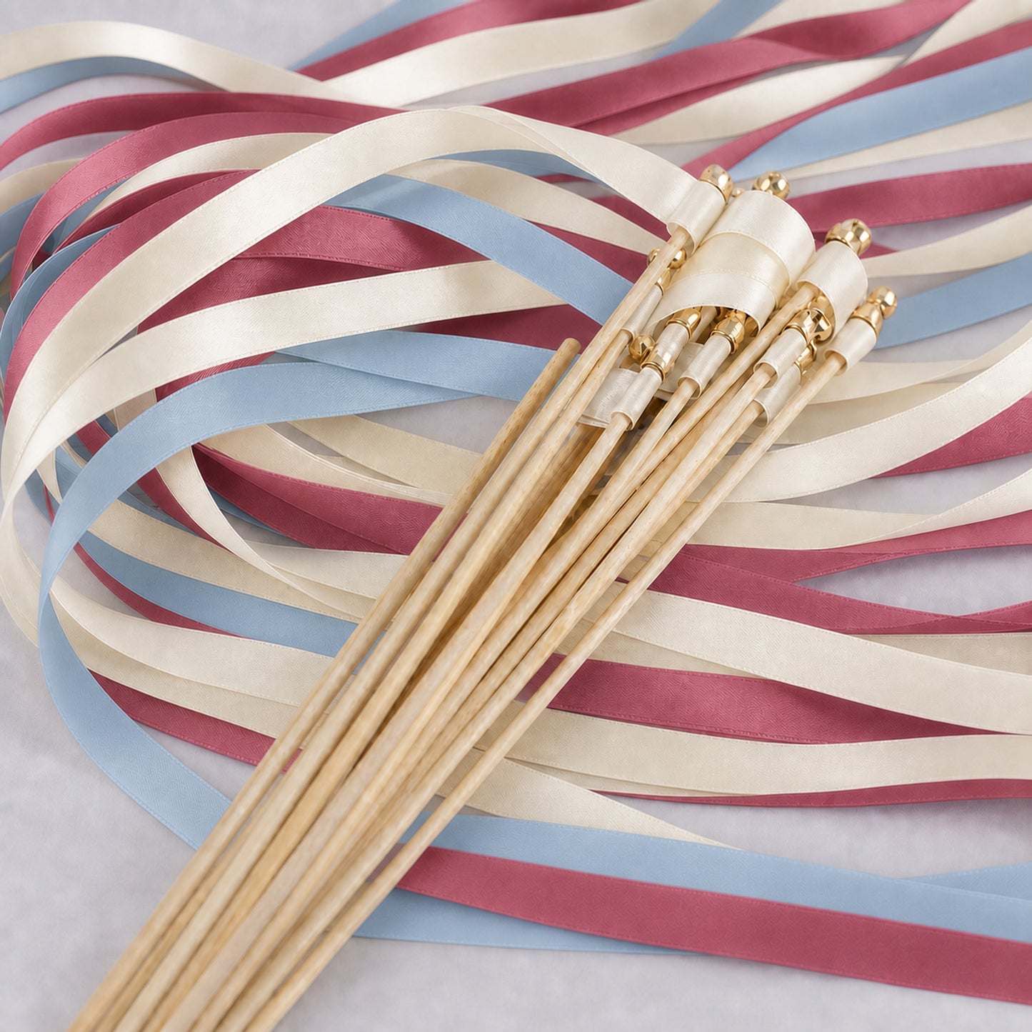 Dusty Blue Rosewood Wedding Ribbon Wands with Bell - Off White Triple Satin Streamers