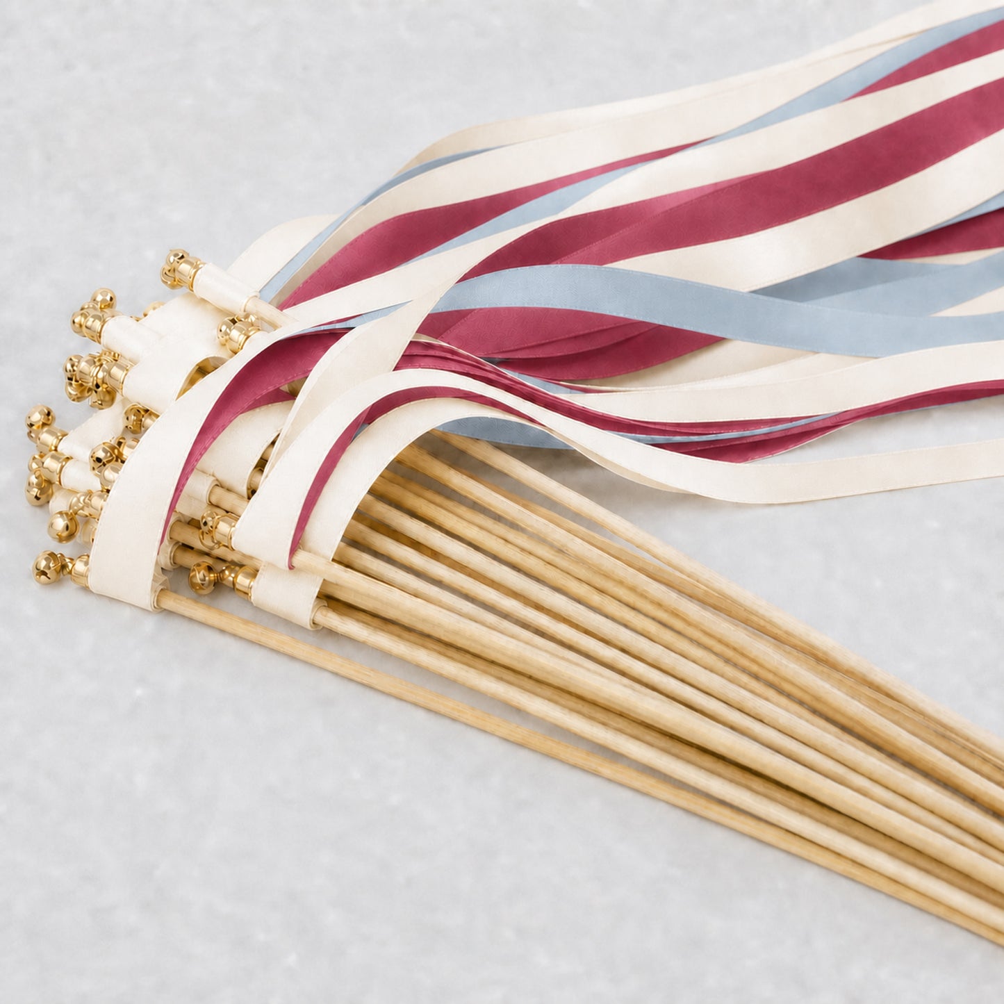 Dusty Blue Rosewood Wedding Ribbon Wands with Bell - Off White Triple Satin Streamers