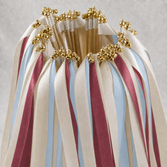 Dusty Blue Rosewood Wedding Ribbon Wands with Bell - Off White Triple Satin Streamers