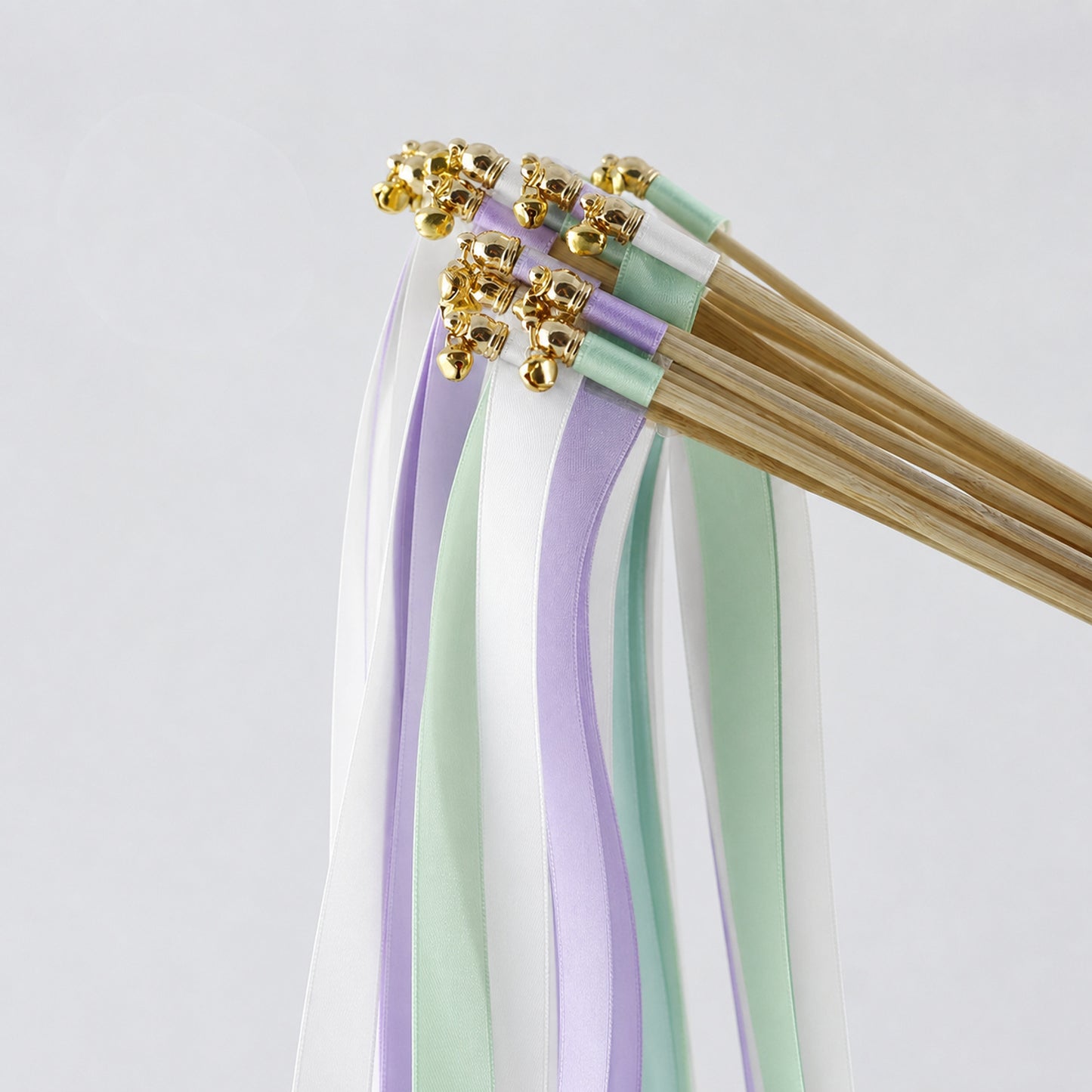 Handmade White, Lilac and Celadon Wedding Ribbon Wands with Bell - Pastel Botanical