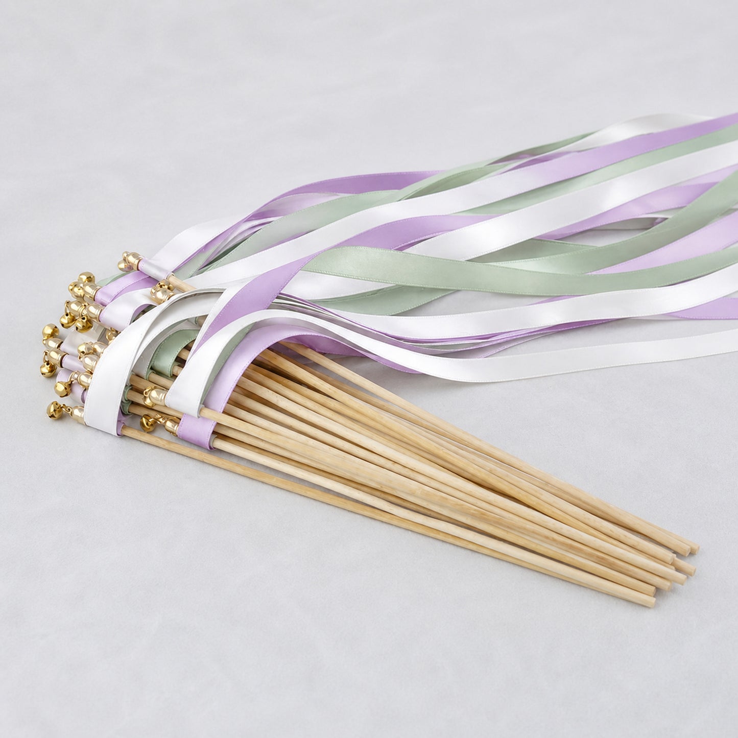 Handmade White, Lilac and Celadon Wedding Ribbon Wands with Bell - Pastel Botanical