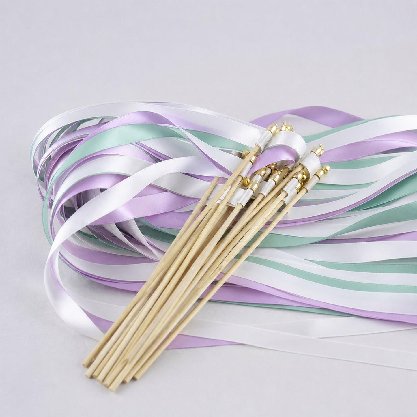 Handmade White, Lilac and Celadon Wedding Ribbon Wands with Bell - Pastel Botanical