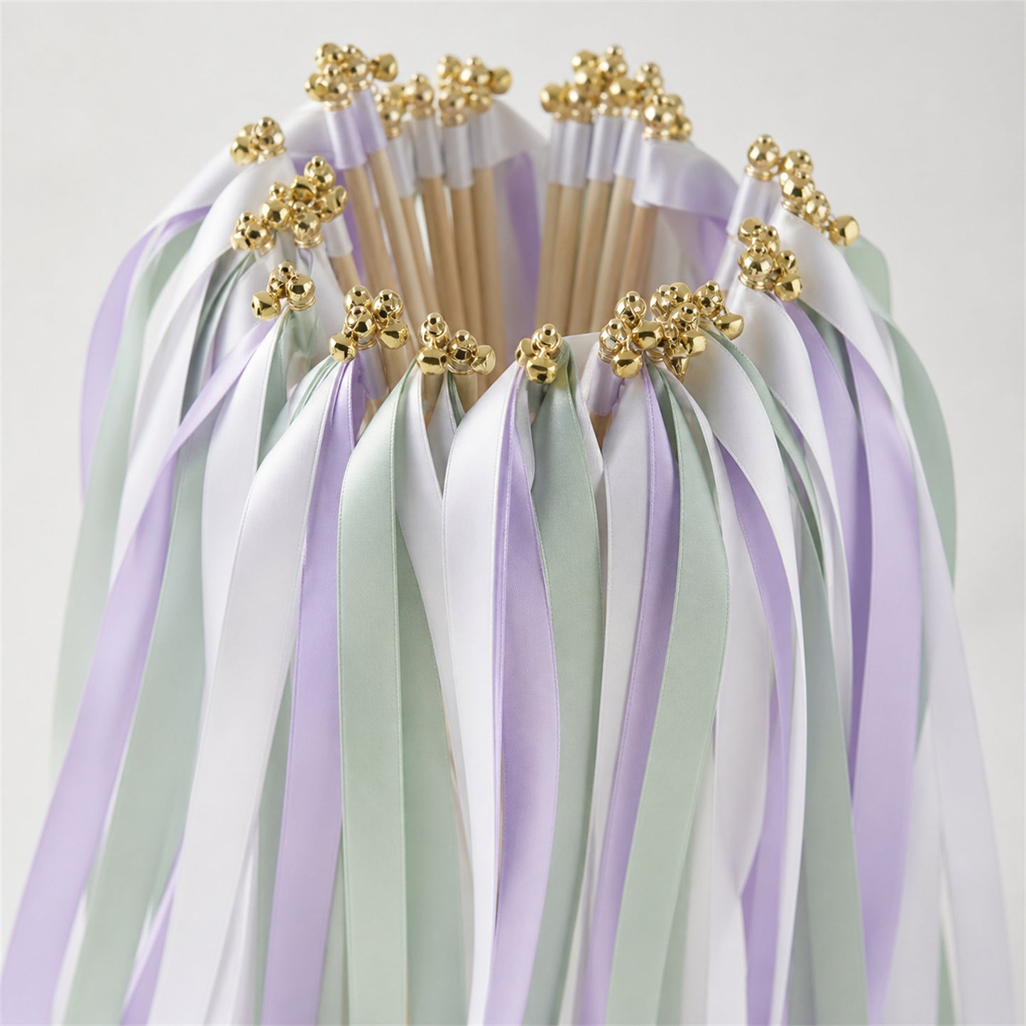 Handmade White, Lilac and Celadon Wedding Ribbon Wands with Bell - Pastel Botanical