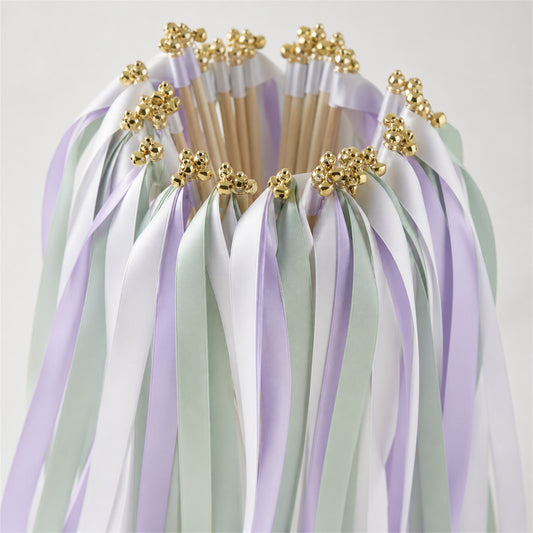 Handmade White, Lilac and Celadon Wedding Ribbon Wands with Bell - Pastel Botanical