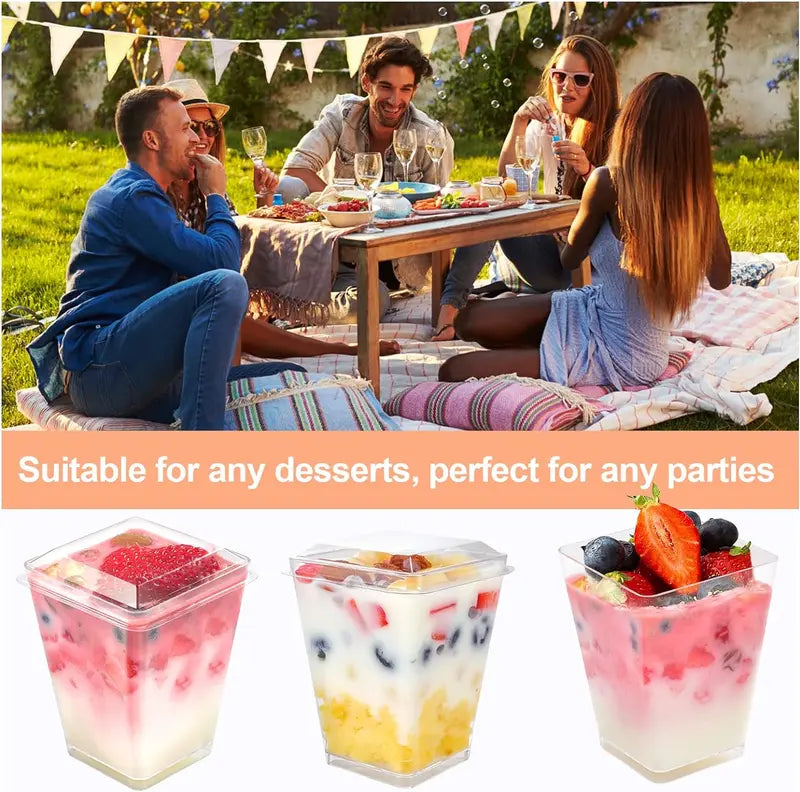 5oz Crystal Plastic Dessert Cups with Lids & Spoons - Disposable Square Parfait Cups for Mousse, Tiramisu, Pudding, Party