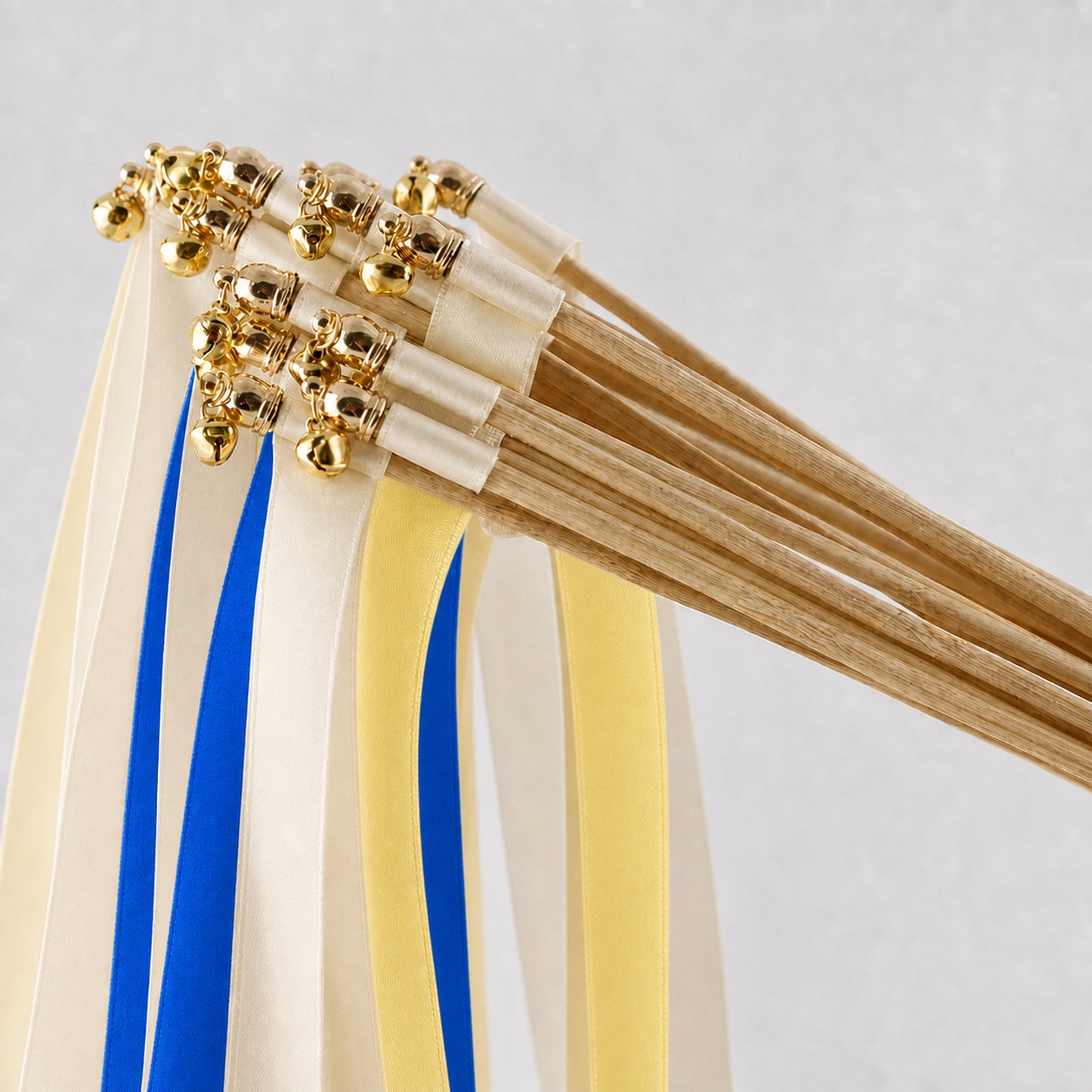 Mediterranean Wedding Ribbon Wands - Ivory, Cobalt and Baby Maize with Gold Bell