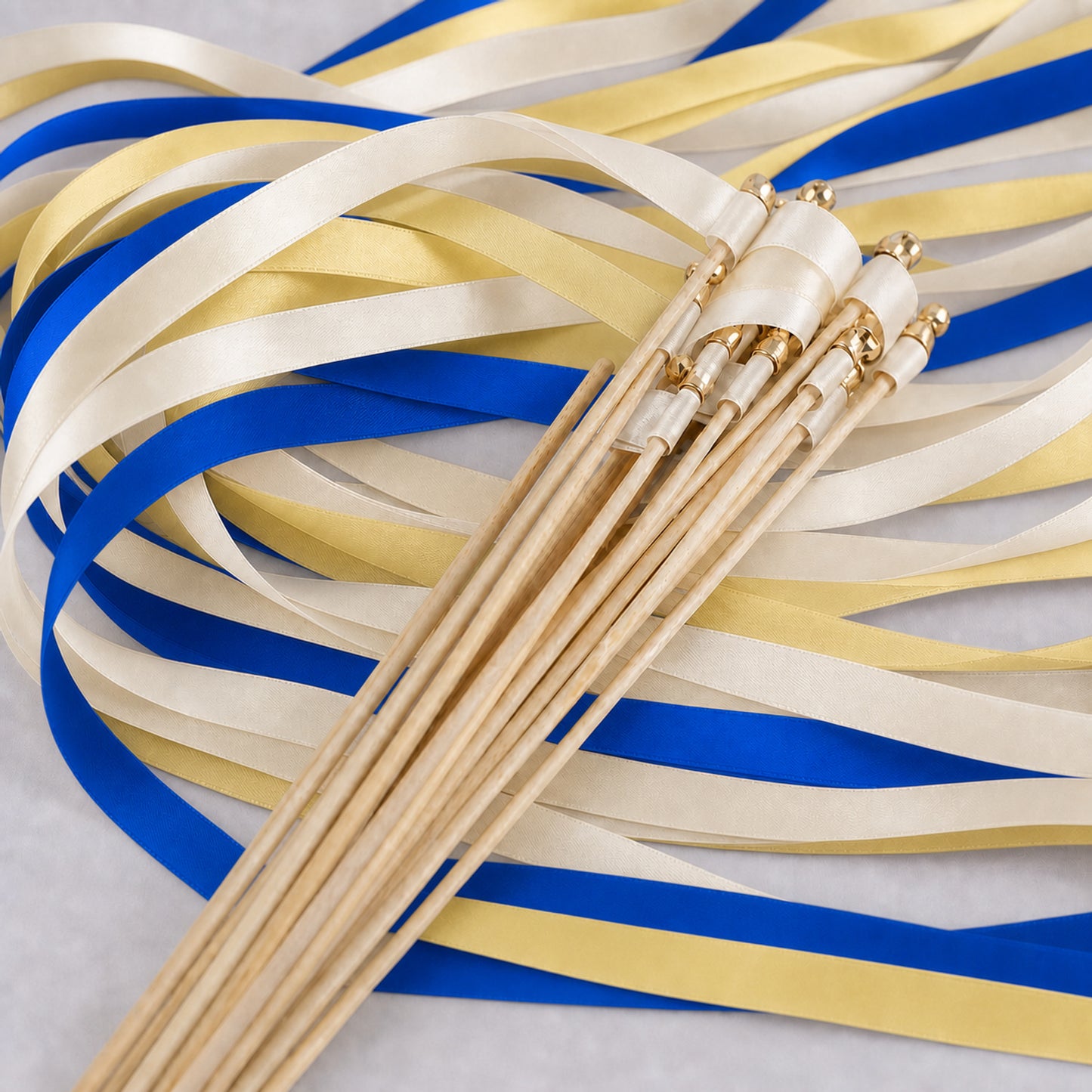 Mediterranean Wedding Ribbon Wands - Ivory, Cobalt and Baby Maize with Gold Bell