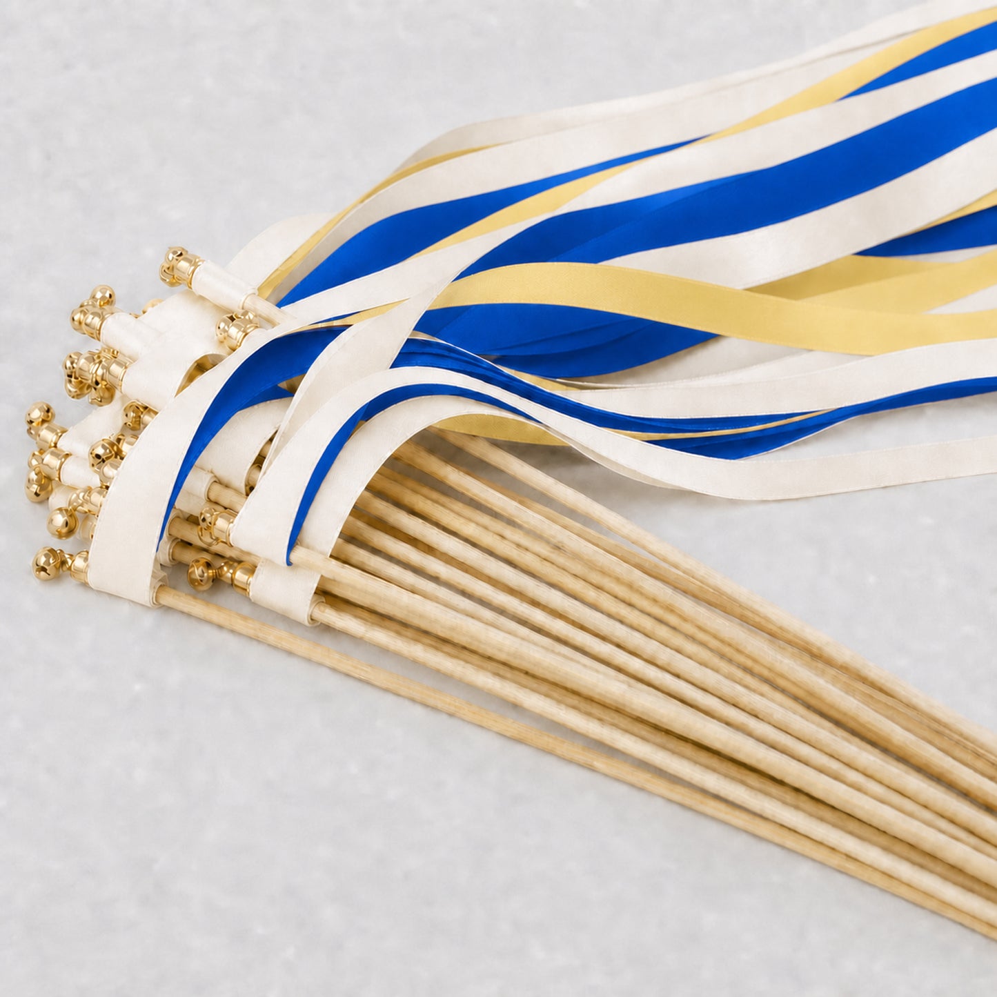 Mediterranean Wedding Ribbon Wands - Ivory, Cobalt and Baby Maize with Gold Bell