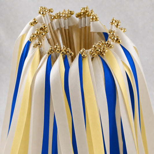 Mediterranean Wedding Ribbon Wands - Ivory, Cobalt and Baby Maize with Gold Bell