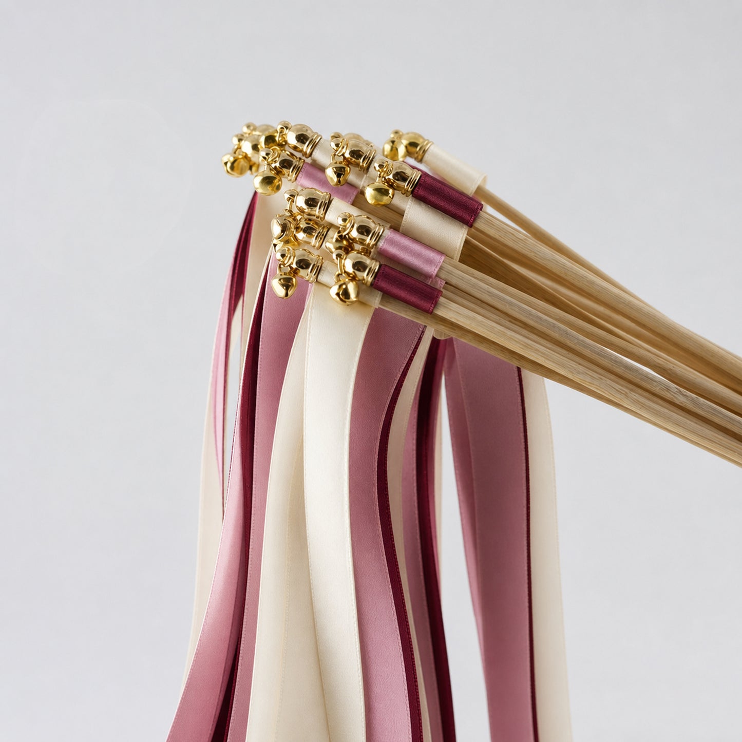 Vineyard Romance Wedding Ribbon Wands with Bell - Ivory, Rosy Mauve and Burgundy