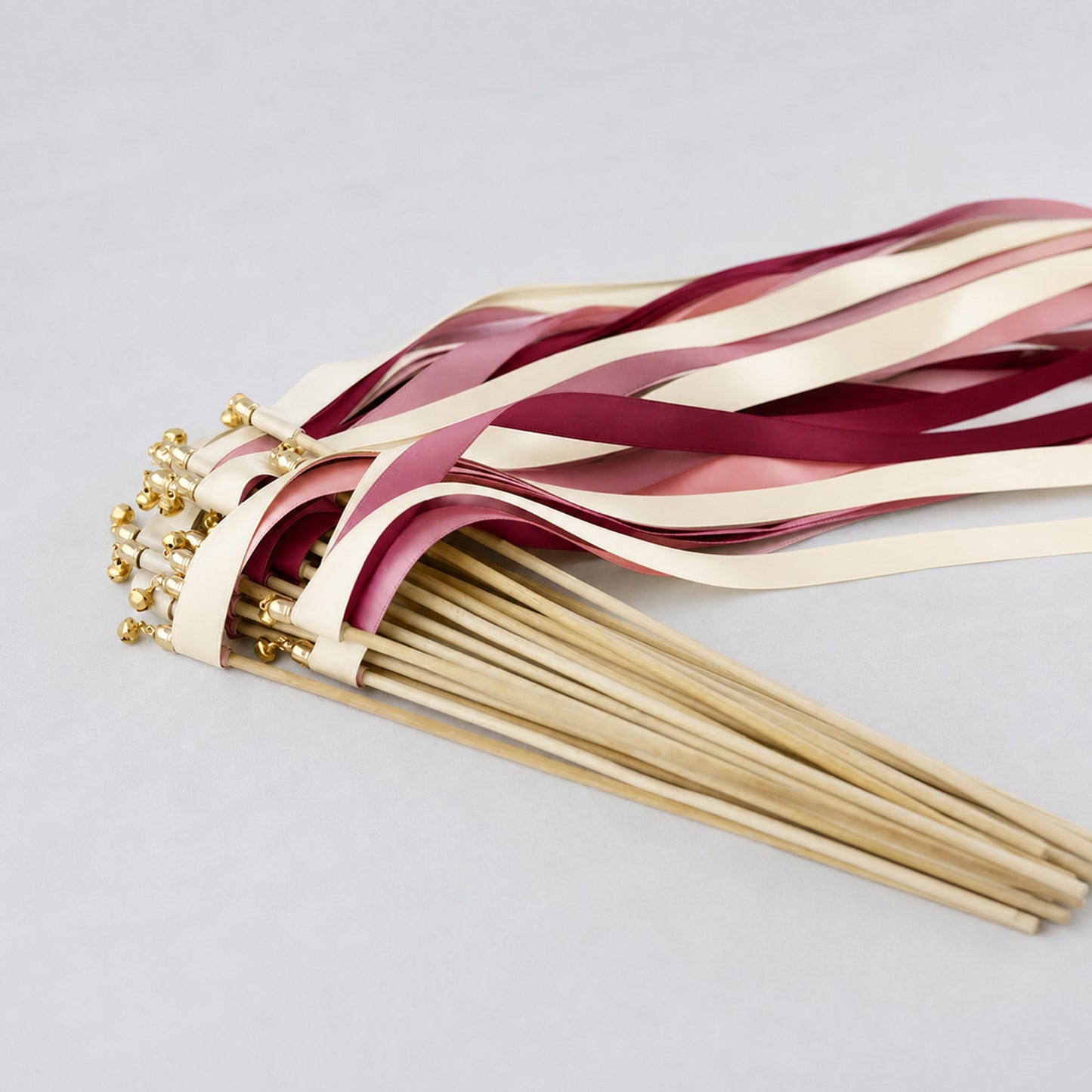 Vineyard Romance Wedding Ribbon Wands with Bell - Ivory, Rosy Mauve and Burgundy