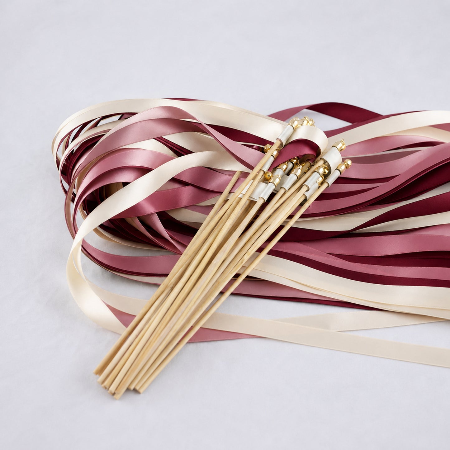 Vineyard Romance Wedding Ribbon Wands with Bell - Ivory, Rosy Mauve and Burgundy