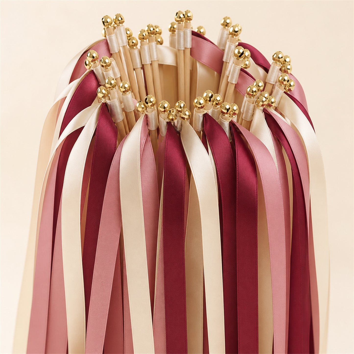 Vineyard Romance Wedding Ribbon Wands with Bell - Ivory, Rosy Mauve and Burgundy