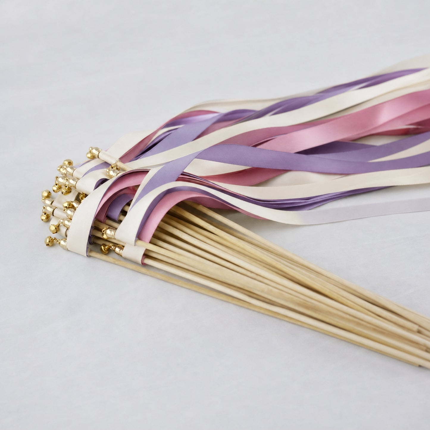 Wisteria Romance Ribbon Wedding Wands - Ivory, Wisteria and Rosy Mauve Triple Ribbon and Bell