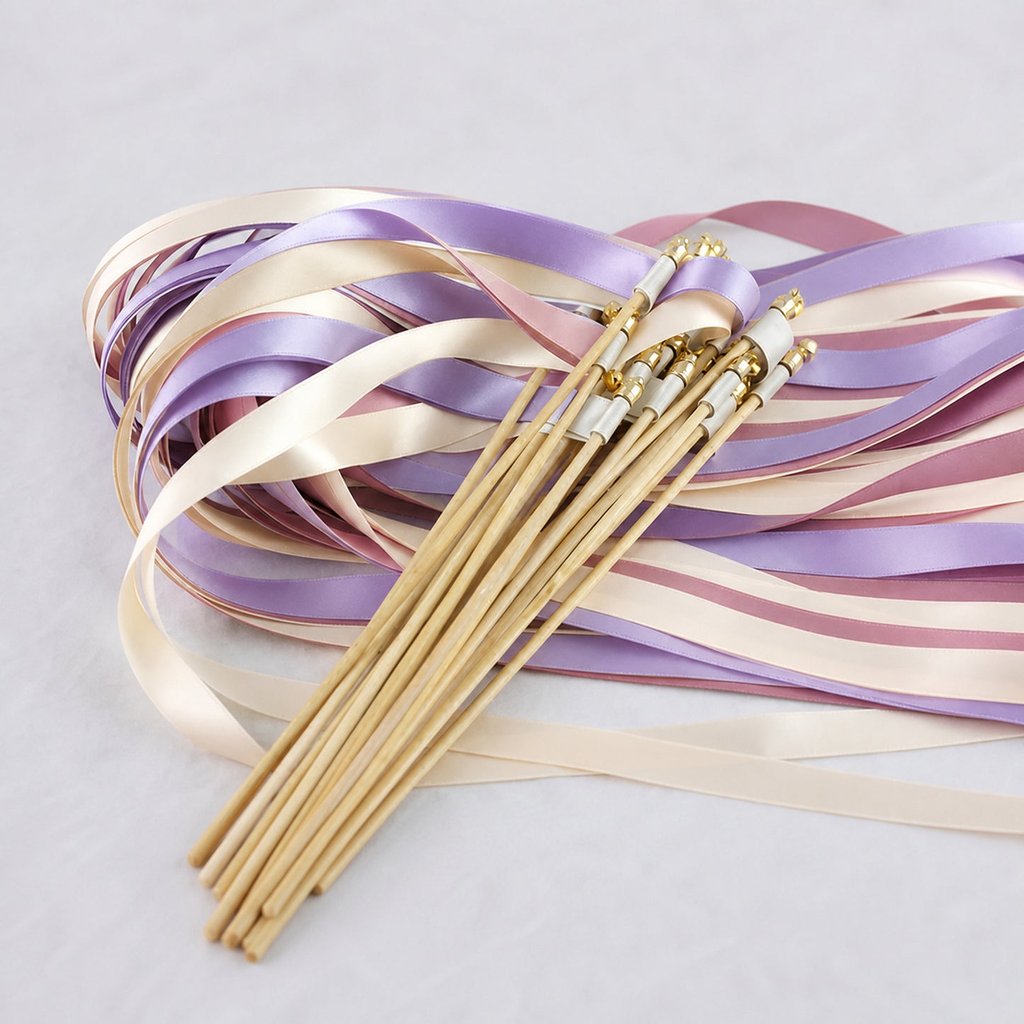 Wisteria Romance Ribbon Wedding Wands - Ivory, Wisteria and Rosy Mauve Triple Ribbon and Bell