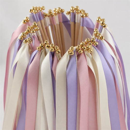 Wisteria Romance Ribbon Wedding Wands - Ivory, Wisteria and Rosy Mauve Triple Ribbon and Bell