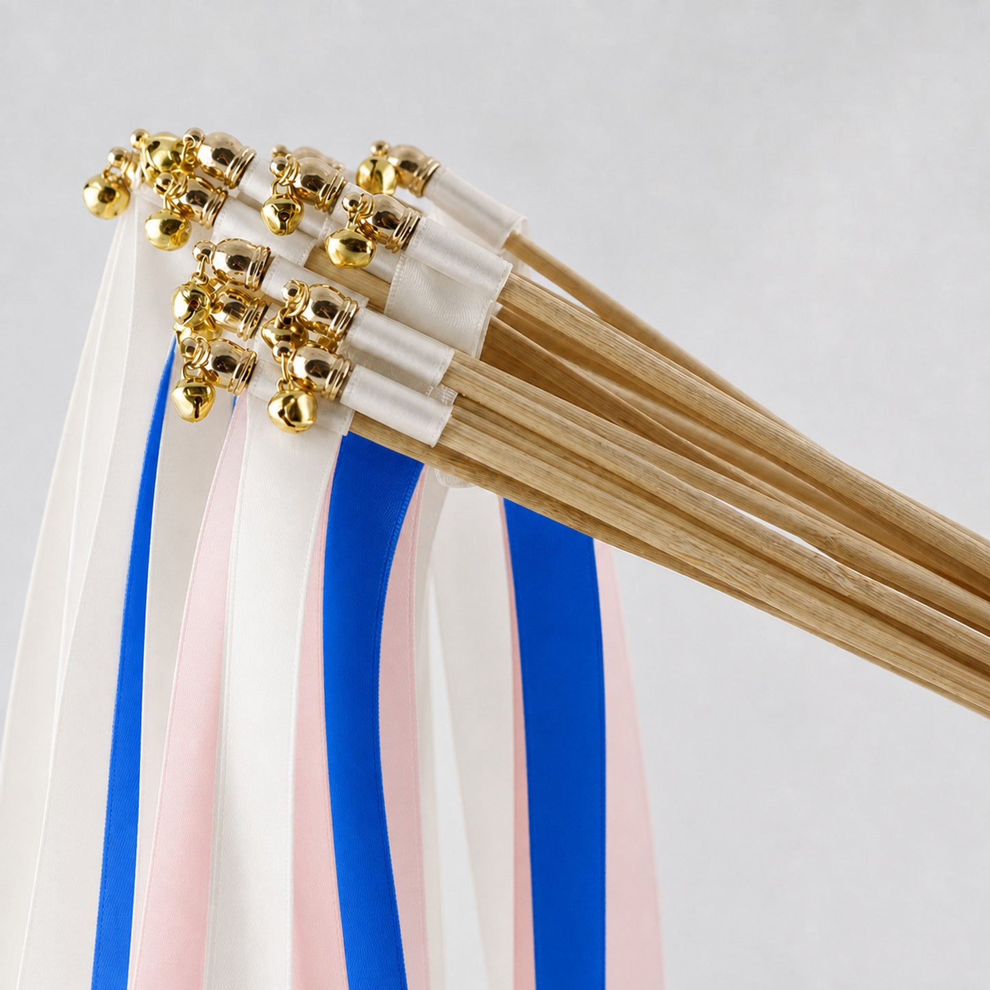 Handmade Cobalt Blush City Wedding Wands with Bell - Off White, Cobalt and Light Pink