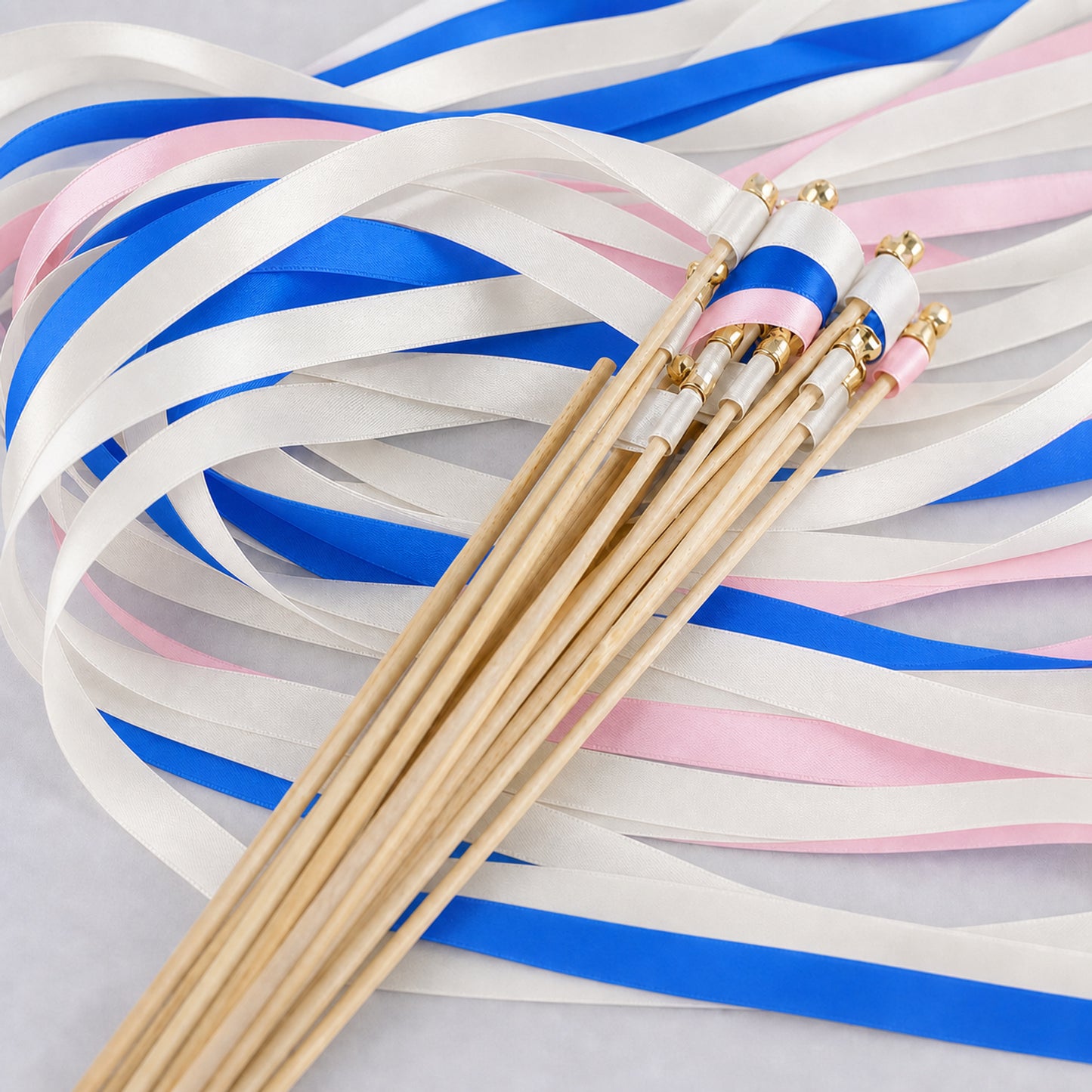 Handmade Cobalt Blush City Wedding Wands with Bell - Off White, Cobalt and Light Pink