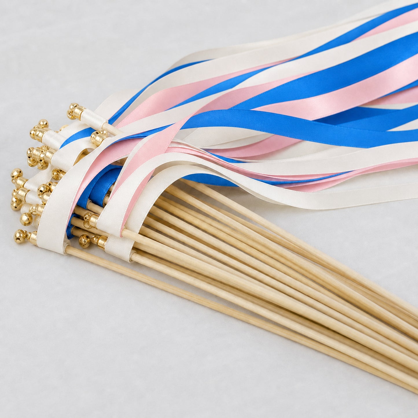 Handmade Cobalt Blush City Wedding Wands with Bell - Off White, Cobalt and Light Pink