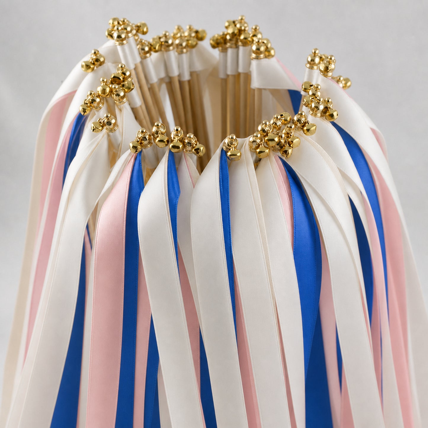 Handmade Cobalt Blush City Wedding Wands with Bell - Off White, Cobalt and Light Pink