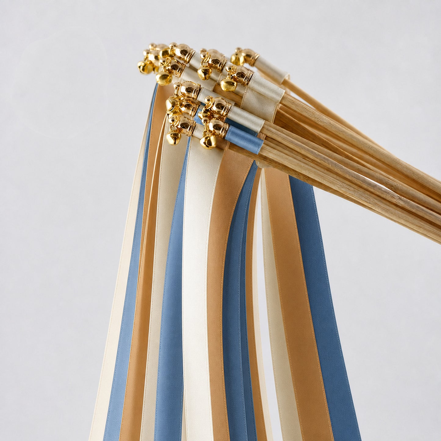 Ocean Toffee Wedding Ribbon Wands with Bell - Off White, Ocean Blue and Toffee