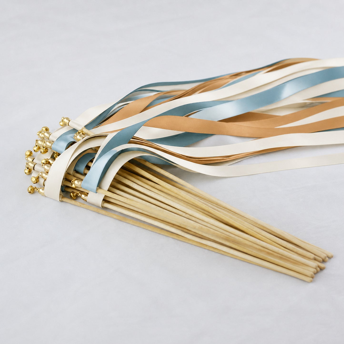 Ocean Toffee Wedding Ribbon Wands with Bell - Off White, Ocean Blue and Toffee