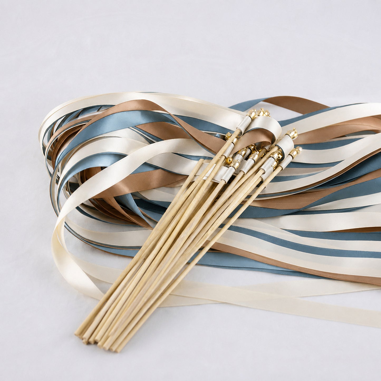 Ocean Toffee Wedding Ribbon Wands with Bell - Off White, Ocean Blue and Toffee