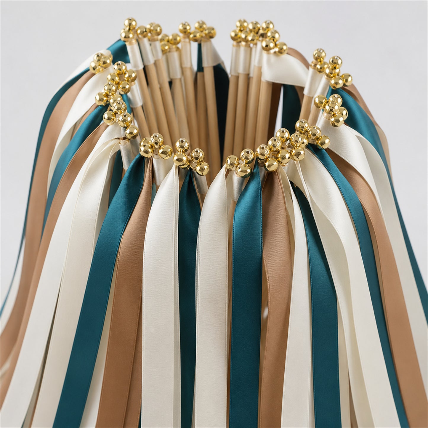 Ocean Toffee Wedding Ribbon Wands with Bell - Off White, Ocean Blue and Toffee