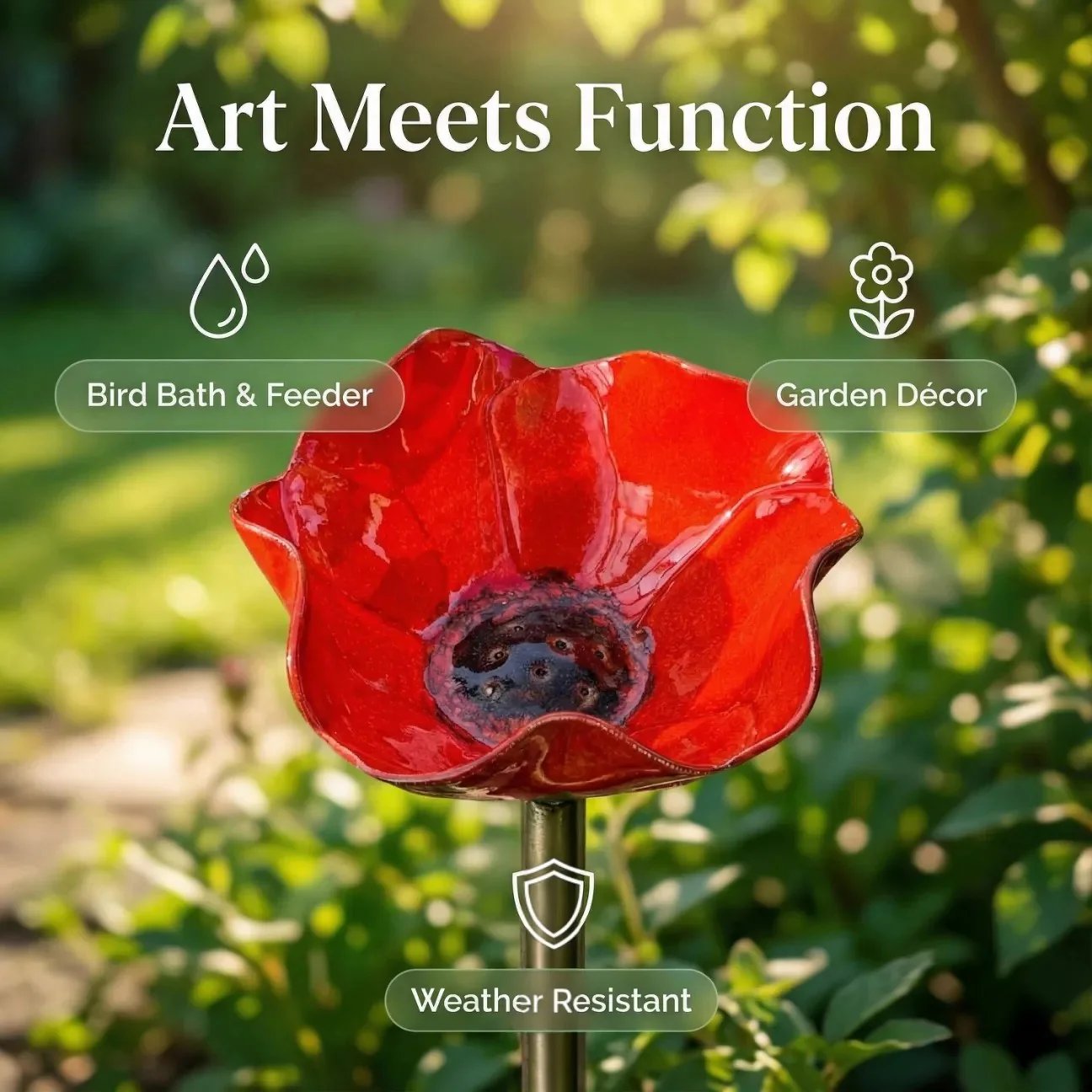 Briarcroft – Handcrafted Metal Poppy Garden Stake with Bird Bath Bowl + 50% OFF