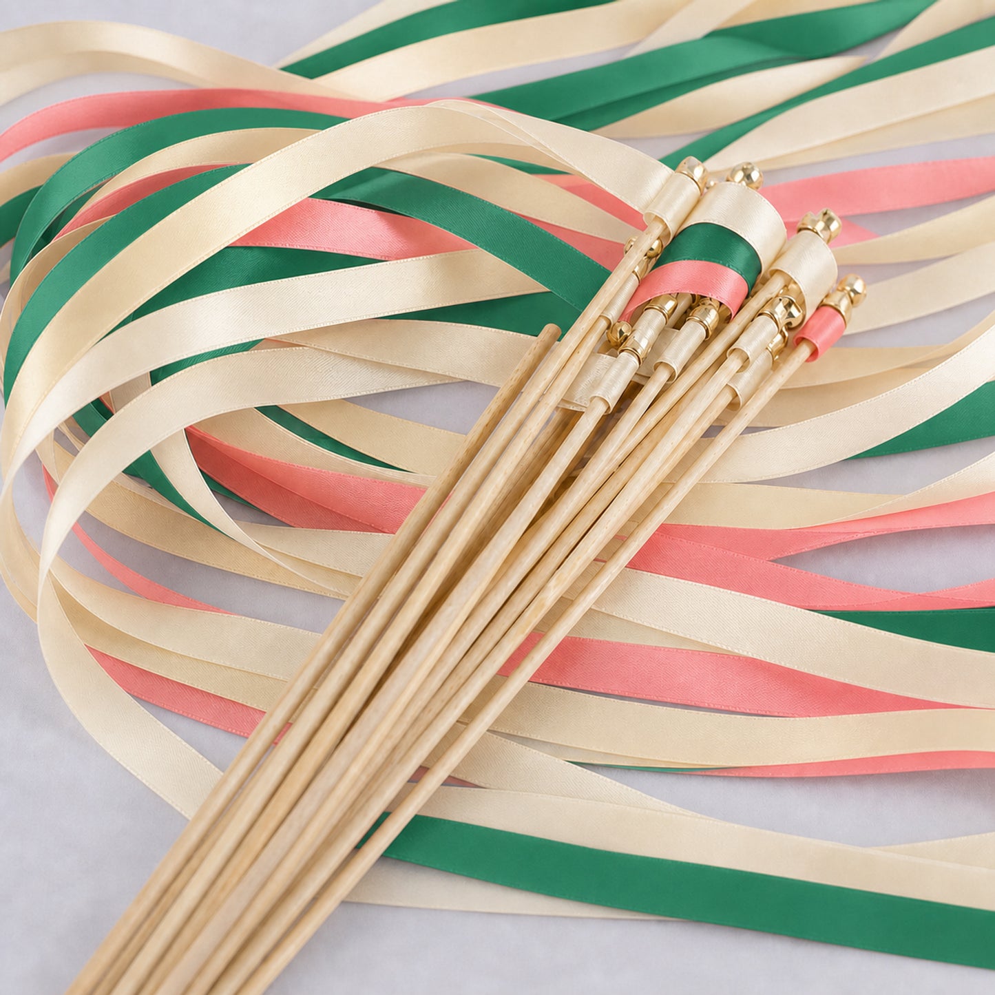 Handmade Botanical Wedding Send-Off Ribbon Wands - Cream, Emerald and Coral Pink