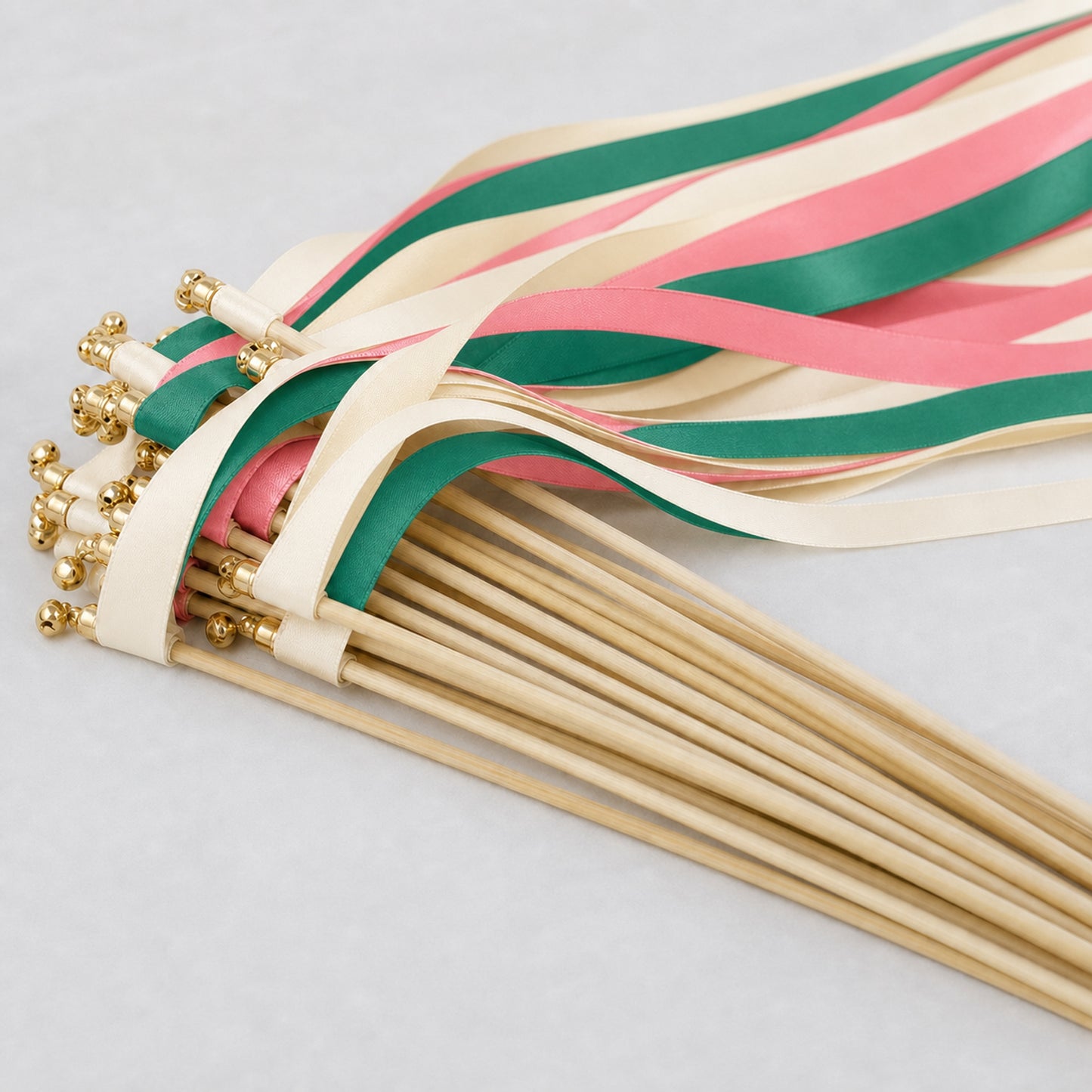 Handmade Botanical Wedding Send-Off Ribbon Wands - Cream, Emerald and Coral Pink