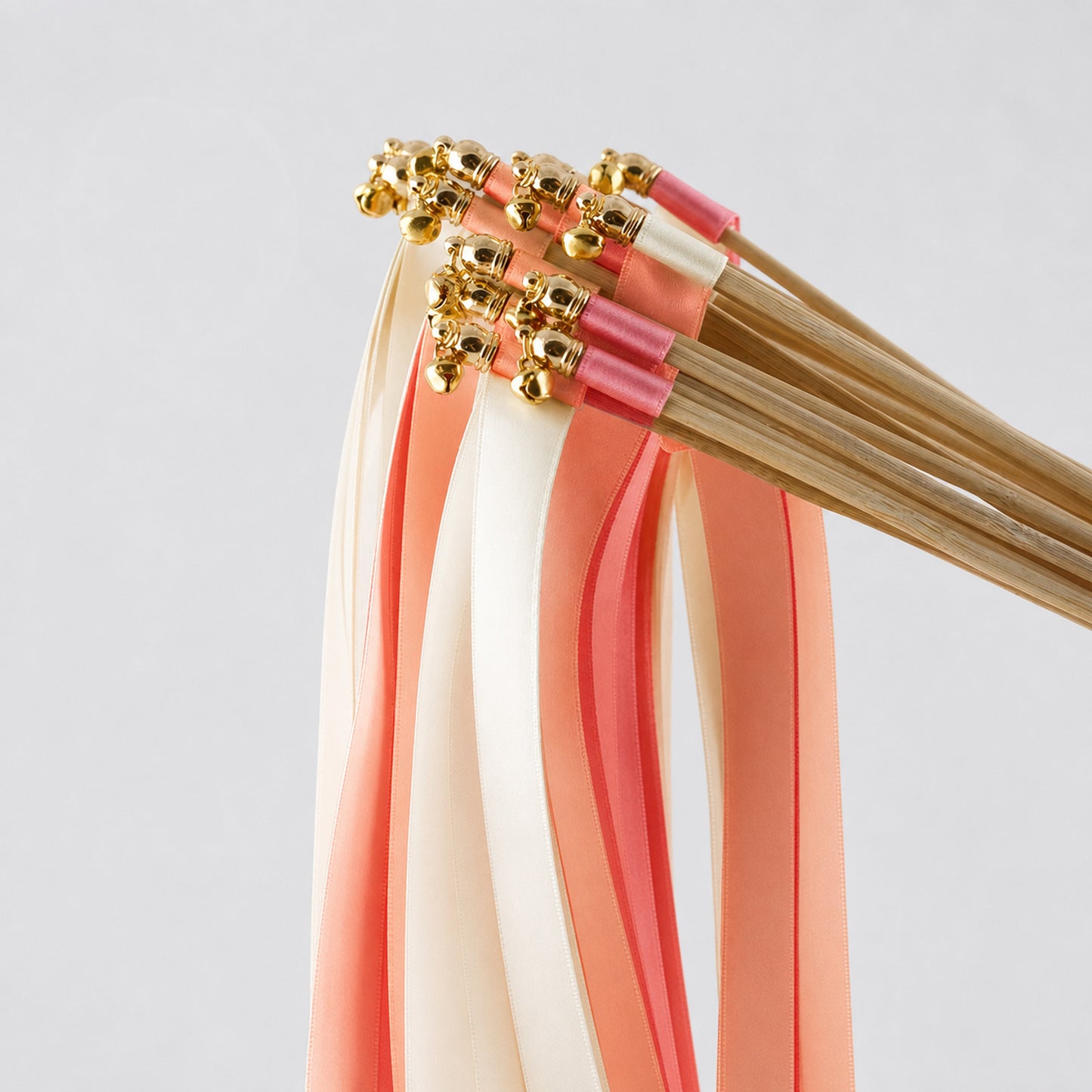 Off White, Peach and Coral Pink Wedding Exit Ribbon Wands with Bell - Peach Blossom Garden
