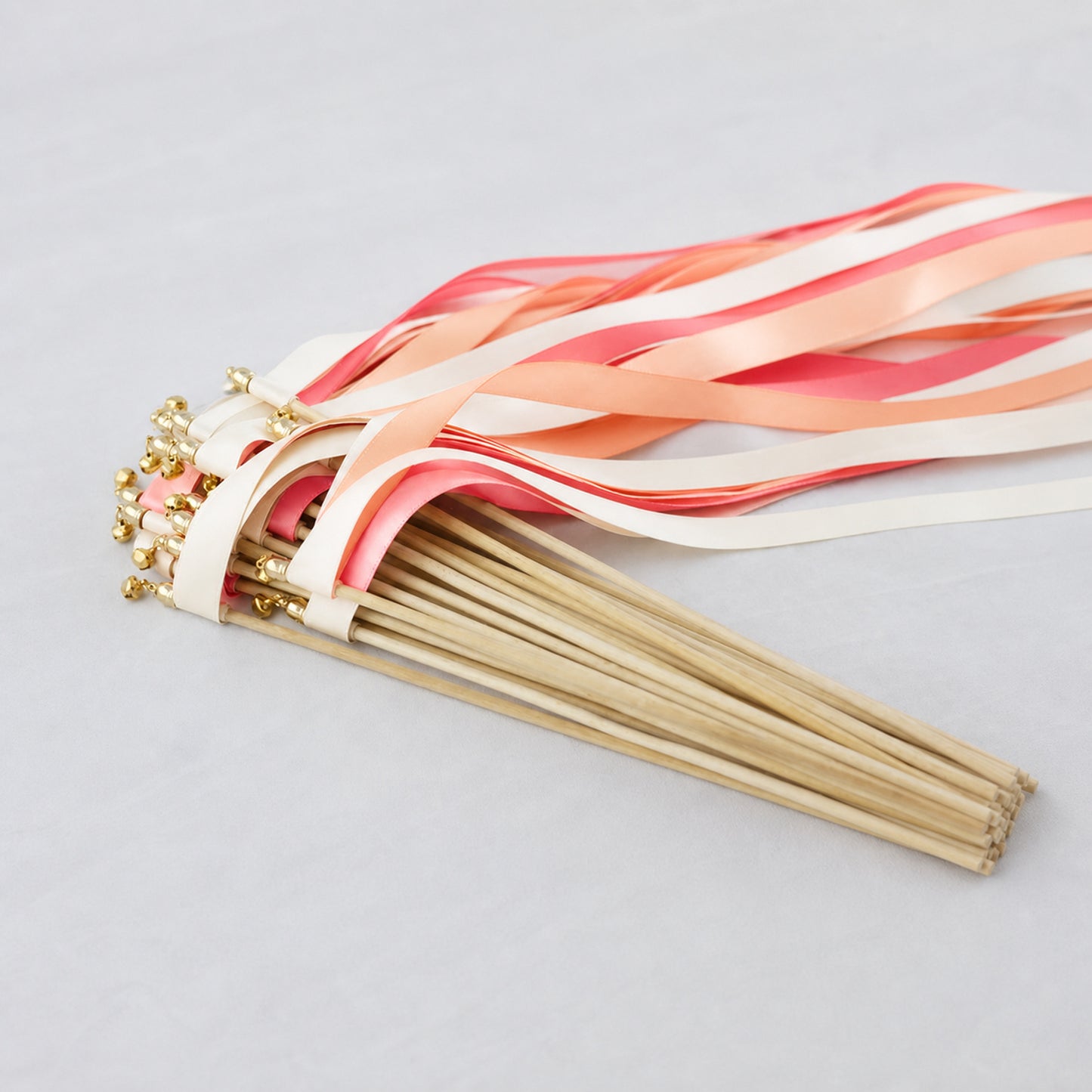 Off White, Peach and Coral Pink Wedding Exit Ribbon Wands with Bell - Peach Blossom Garden