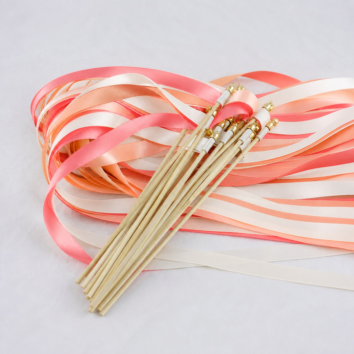 Off White, Peach and Coral Pink Wedding Exit Ribbon Wands with Bell - Peach Blossom Garden