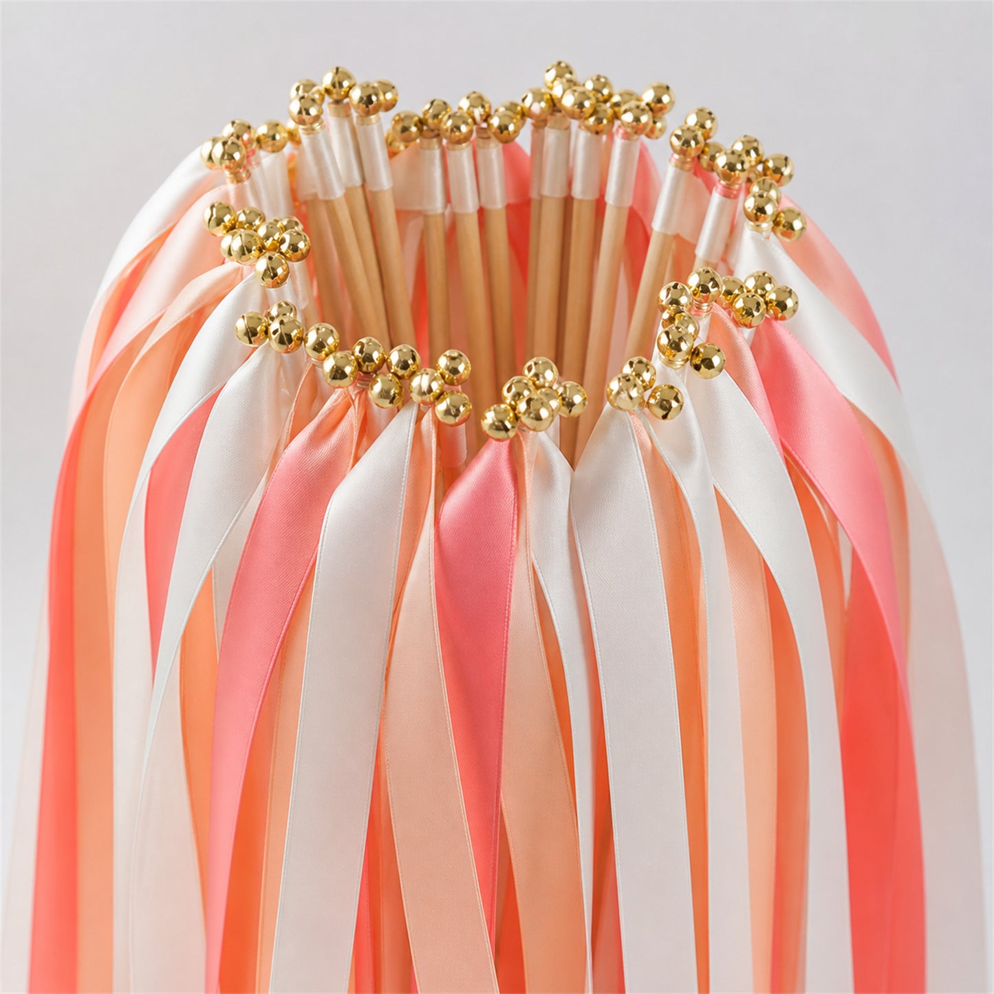 Off White, Peach and Coral Pink Wedding Exit Ribbon Wands with Bell - Peach Blossom Garden