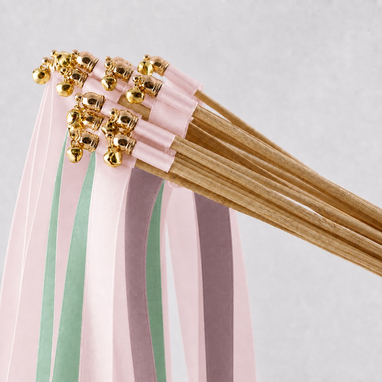 Heirloom Garden Wedding Ribbon Wands with Bell - White Rose, Celadon and Antique Mauve
