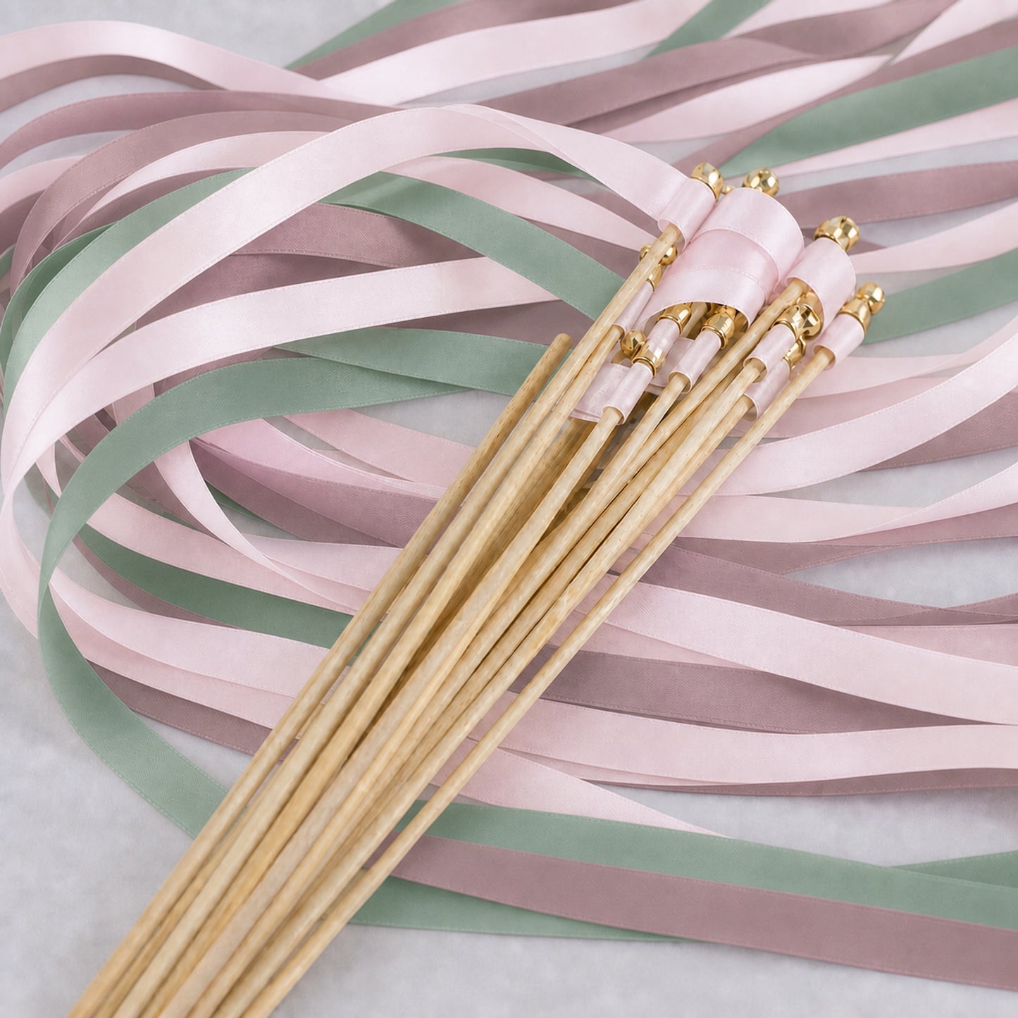 Heirloom Garden Wedding Ribbon Wands with Bell - White Rose, Celadon and Antique Mauve