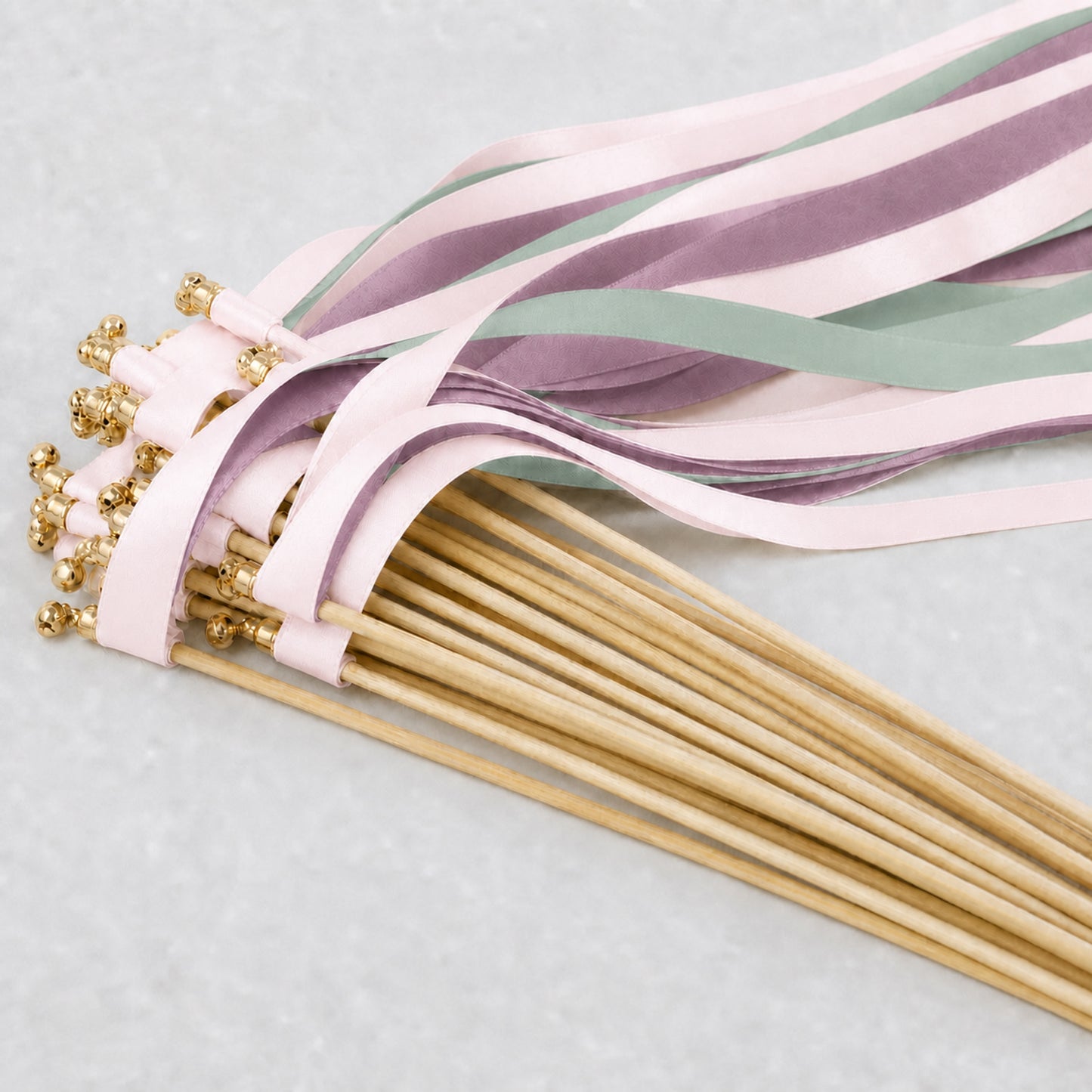 Heirloom Garden Wedding Ribbon Wands with Bell - White Rose, Celadon and Antique Mauve