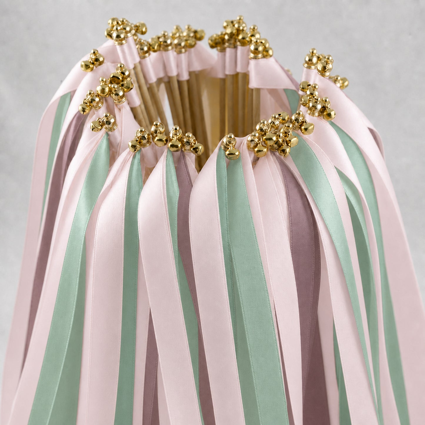 Heirloom Garden Wedding Ribbon Wands with Bell - White Rose, Celadon and Antique Mauve