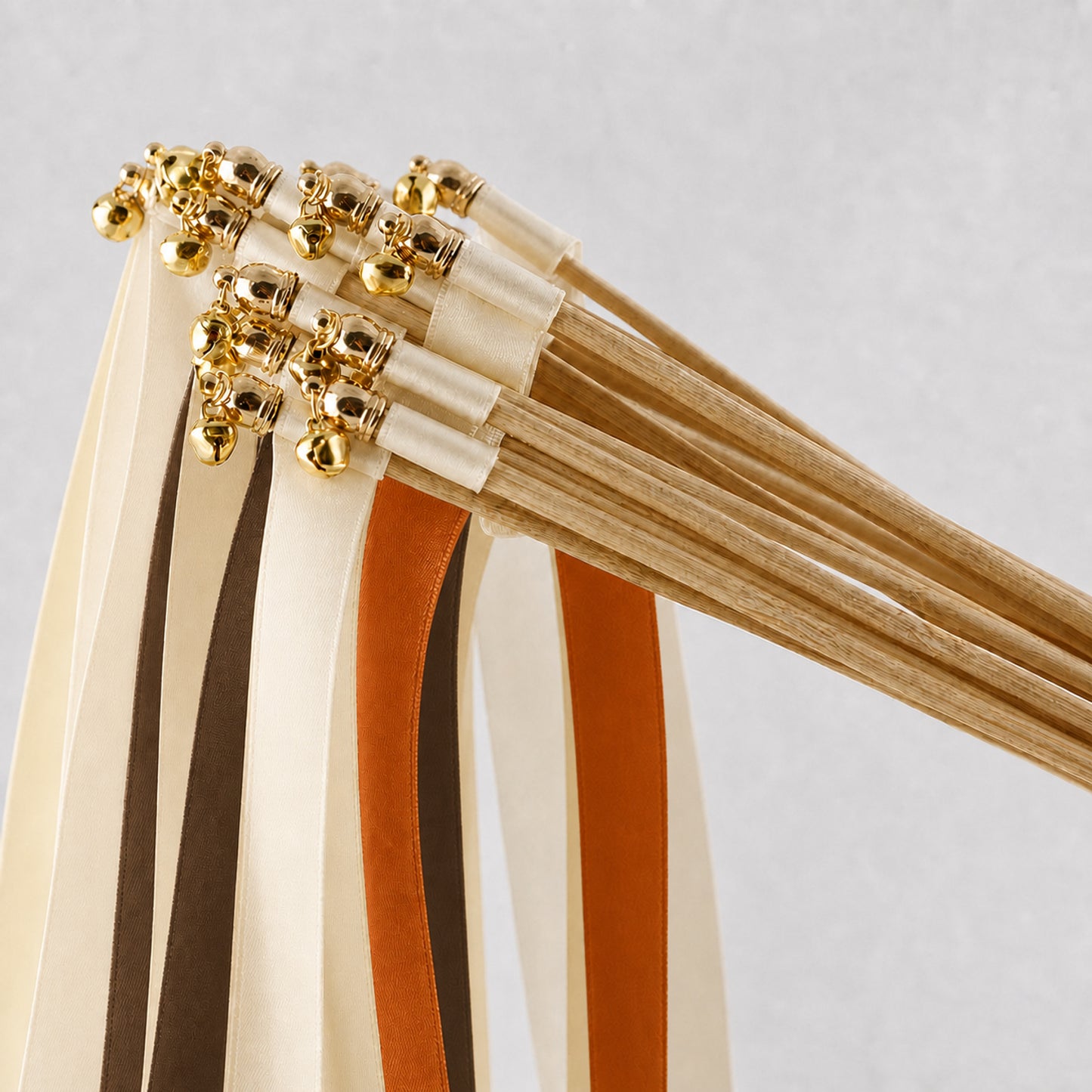 Autumn Wedding Ribbon Wands with Bell - Cream, Cocoa and Burnt Orange Satin Ribbon