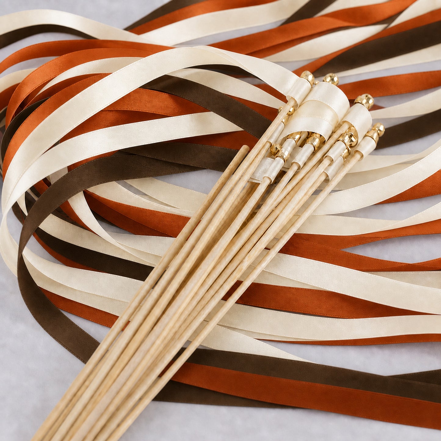 Autumn Wedding Ribbon Wands with Bell - Cream, Cocoa and Burnt Orange Satin Ribbon