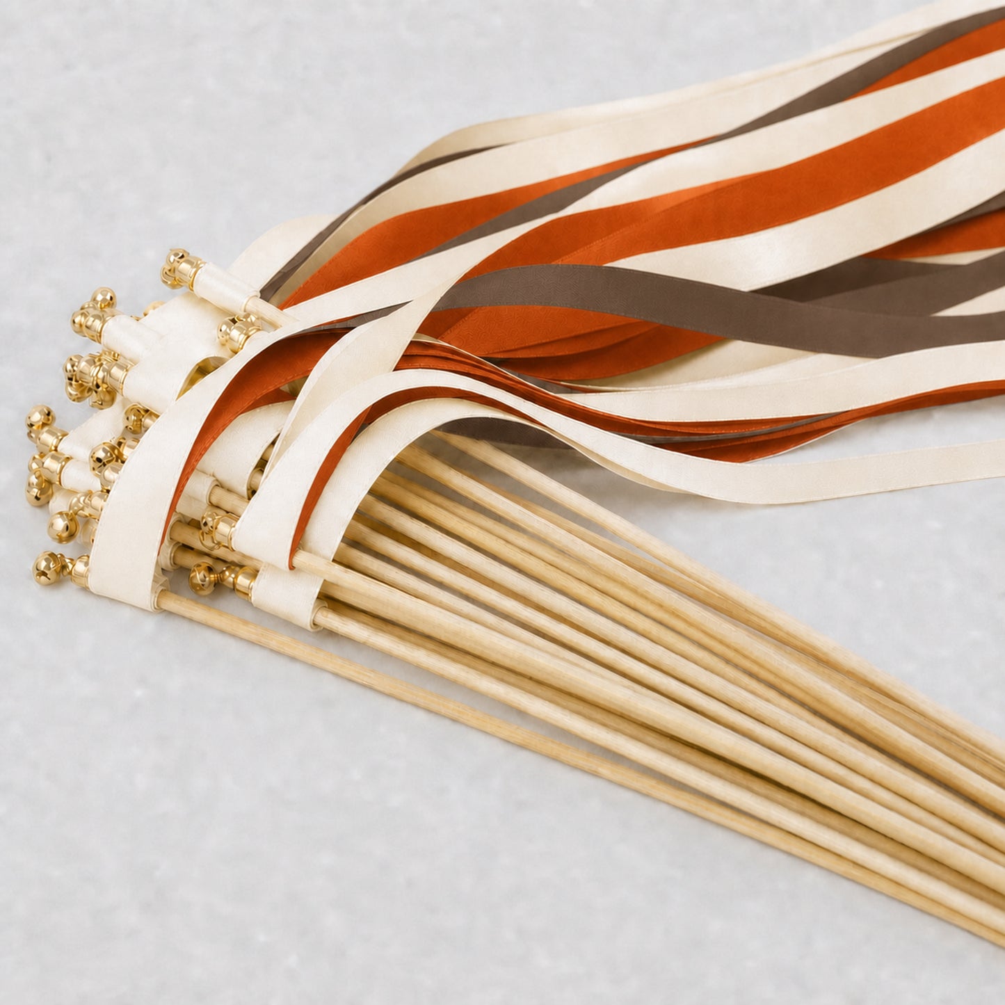 Autumn Wedding Ribbon Wands with Bell - Cream, Cocoa and Burnt Orange Satin Ribbon