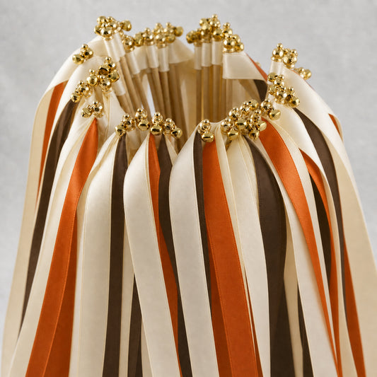 Autumn Wedding Ribbon Wands with Bell - Cream, Cocoa and Burnt Orange Satin Ribbon